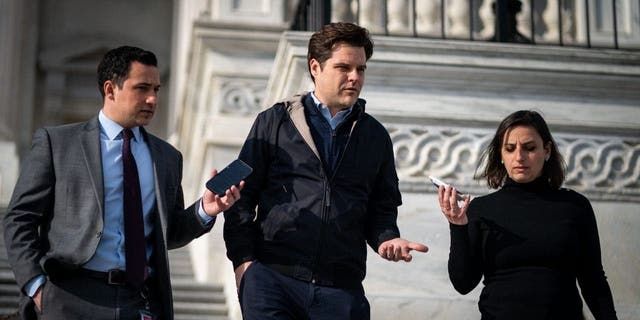 Rep. Matt Gaetz (R-FL) talks with reporters as they walk down the steps of the House of Representatives at the U.S. Capitol on Thursday, Jan. 12, 2023, in Washington, D.C.