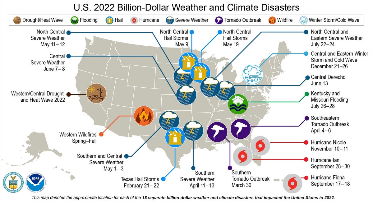 Map of the US with round symbols noting the locations of 18 billion-dollar disasters ranging from hurricanes to wildfire.