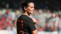 Sep 25, 2022; Portland, Oregon, USA; Portland Thorns FC head coach Rhian Wilkinson watches the match against Chicago Red Stars during the second half at Providence Park. Mandatory Credit: Craig Mitchelldyer-USA TODAY Sports