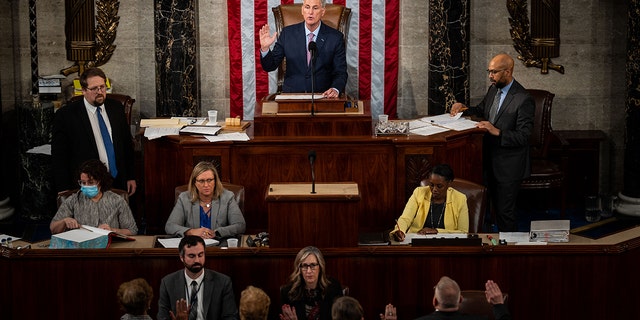 Speaker of the House Kevin McCarthy swears in the officers of the House of Representatives in the House Chamber of the U.S. Capitol Building on Saturday, Jan. 7, 2023 in Washington, D.C.