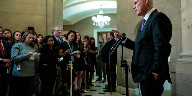 Speaker of the House Kevin McCarthy speaks during a news conference outside his office at the U.S. Capitol on Jan. 24, 2023. McCarthy spoke on a range of issues, including committee assignments and Rep. George Santos.