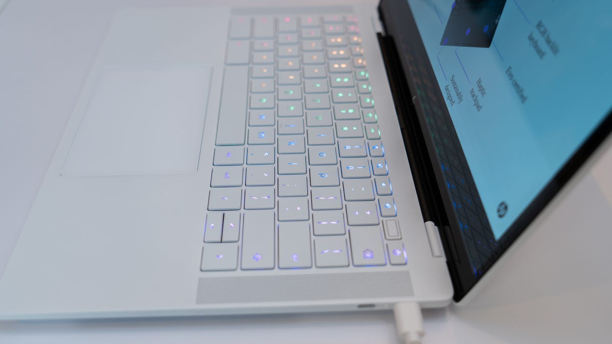 A side view of the RGB-lit keyboard of the Dragonfly Pro Chromebook