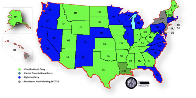 A map created by the Crime Prevention Research Center shows constitutional carry laws by state. 