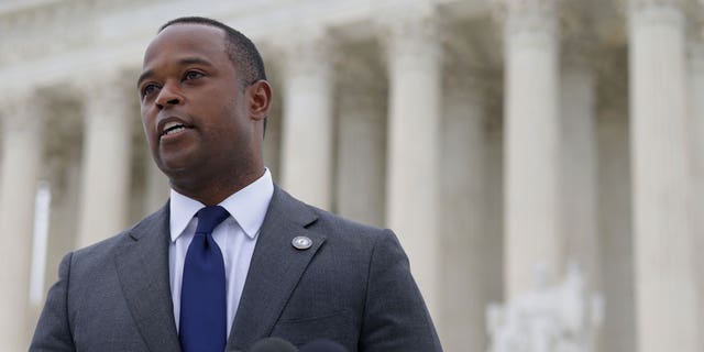 Kentucky Attorney General Daniel Cameron speaks to members of the press after the oral arguments of the Cameron v. EMW Women’s Surgical Center case were heard at the U.S. Supreme Court Oct. 12, 2021, in Washington, D.C.