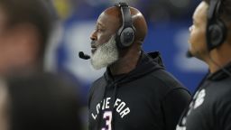 Houston Texans head coach Lovie Smith, wearing a shirt in support of Buffalo Bills safety Damar Hamlin, watches from the sidelines during the first half of an NFL football game between the Houston Texans and Indianapolis Colts, Sunday, Jan. 8, 2023, in Indianapolis. (AP Photo/AJ Mast)