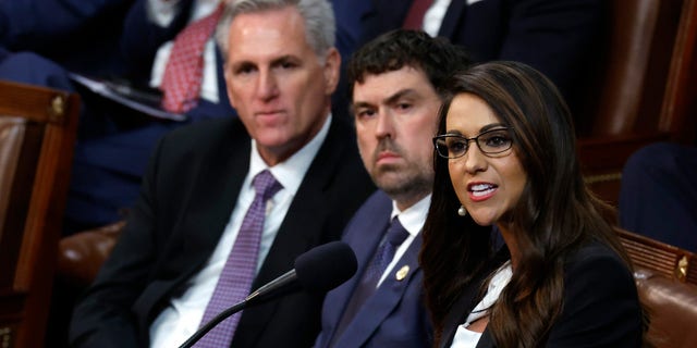 Rep.-elect Lauren Boebert, R-Colo., delivers remarks alongside House Republican Leader Kevin McCarthy in the House Chamber during the second day of elections for Speaker of the House at the U.S. Capitol Building on Jan. 4, 2023, in Washington, D.C.