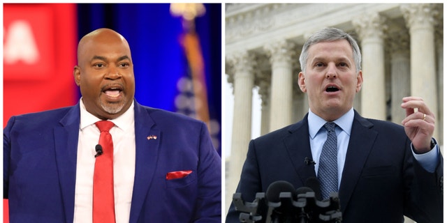 North Carolina Attorney General Josh Stein, right, announced his 2024 gubernatorial campaign on Jan. 18, 2023. At left is North Carolina Lt. Gov. Mark Robinson.