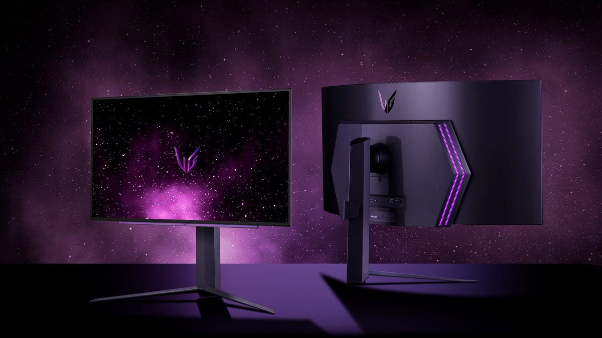 Renderings of the front of the 27-inch flatscreen OLED monitor on the left and the back of the 45-inch on the right against a purple and black starfield