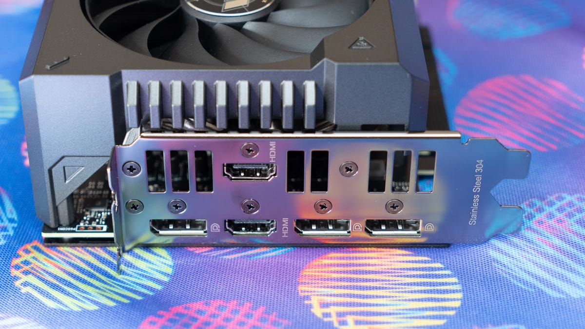 The Asus TUF GeForce RTX 4070 Ti OC side shot of the connectors showing three displayport and one HDMI in one row and a single HDMI above it