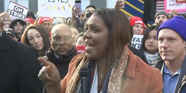 New York Attorney General Letitia James speaks outside Mount Sinai Hospital during nurse strike. 