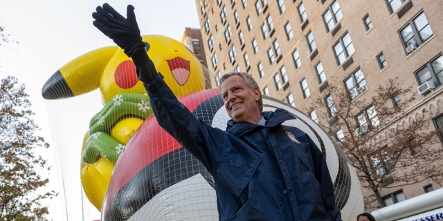 Then-New York City Mayor Bill de Blasio at the 95th Macy's Thanksgiving Day Parade Balloon Inflation on the Upper West Side on Nov. 24, 2021, in New York City. 