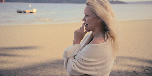 Pamela Anderson on the beach in a scene from the upcoming documentary "Pamela, a love story."