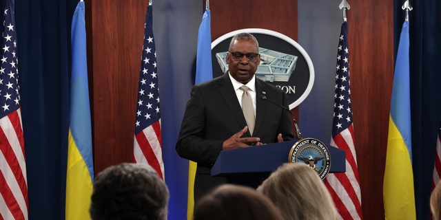 FILE: U.S. Secretary of Defense Lloyd Austin speaks during a press briefing after a virtual Ukraine Defense Contact Group meeting at the Pentagon on November 16, 2022, in Arlington, Virginia. 