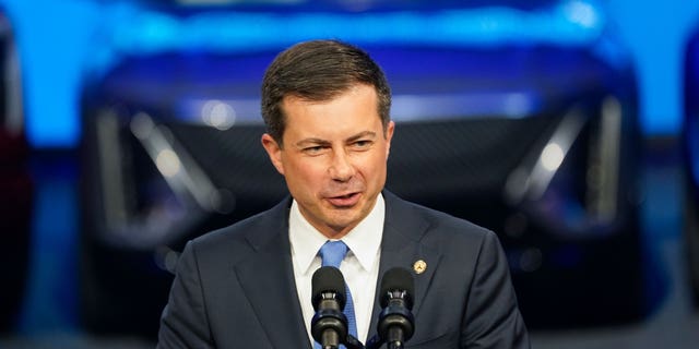 Transportation Secretary Pete Buttigieg speaks at the North American International Auto Show in Detroit on Sept. 14.