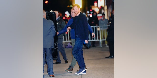 Prince Harry, Duke of Sussex is seen leaving ‘The Late Show With Stephen Colbert’ on Jan. 9, 2023 in New York City. 