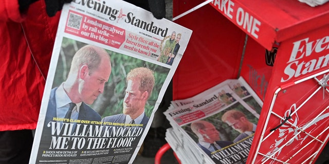 Copies of the Evening Standard newspaper, leading with stories about Prince Harry's strained relationship with Prince William, are placed out for distribution in London on January 5, 2023, ahead of the publication for ‘Spare.’ In his book, Harry claims that he was physically "attacked" by his older brother during an argument in 2019, The Guardian reported.