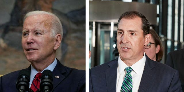 Photo collage of President Biden and U.S. Attorney John Lausch side by side respectively.