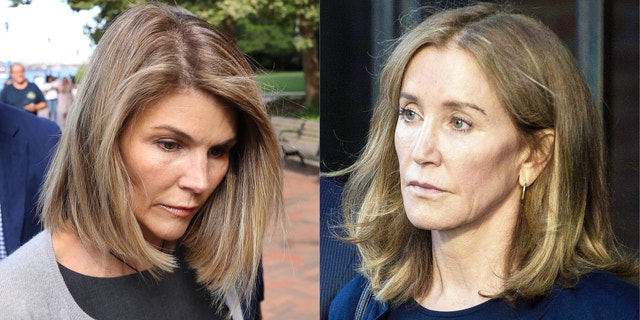 Lori Loughlin appears in court in Boston in September 2019 about the college admissions scandal. At right, Felicity Huffman leaves her sentencing in the college admissions scam case, dubbed "Operation Varsity Blues." 