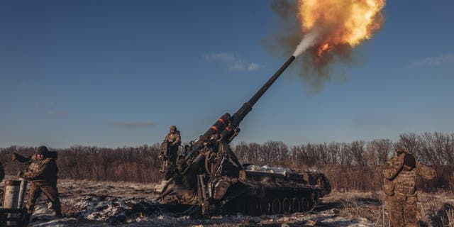 Ukrainian soldiers work with "pion" artillery in the northern direction of the Donbass frontline as Russia-Ukraine war continues in Donetsk, Ukraine on Jan. 7, 2023. 