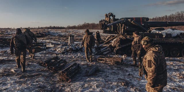 Ukrainian soldiers work with "pion" artillery in the northern direction of the Donbass frontline as Russia-Ukraine war continues in Donetsk, Ukraine on Jan. 7, 2023. 