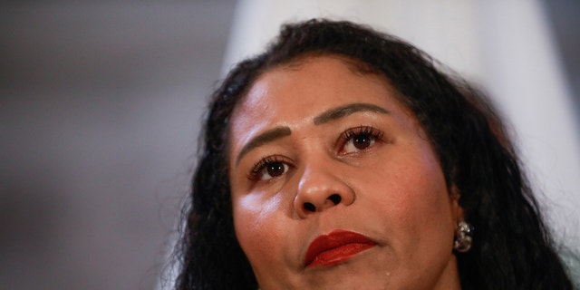 San Francisco Mayor London Breed listens at a press conference at City Hall on Feb. 16, 2022, in San Francisco, California.