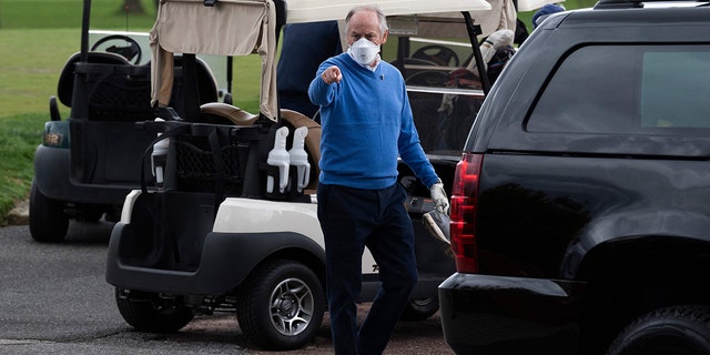 Steve Ricchetti, counselor to the president, gestures after playing a round of golf with President Joe Biden at Wilmington Country Club in Delaware on April 17, 2021.