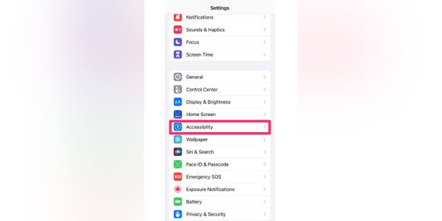 Screenshot of the iPhone settings screen showing you where to select "Accessibility."
