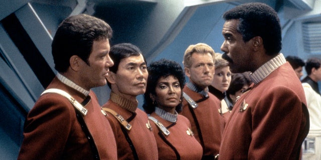 William Shatner, left, and George Takei, second from left, were both cast members of the original "Star Trek" TV series and appeared in several franchise films, including 1984's "Star Trek III: The Search for Spock."