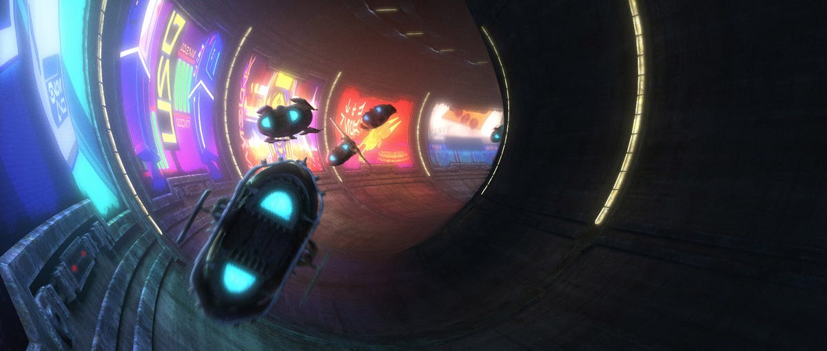 Pod racers turn in a neon-lit tunnel in Star Wars: The Bad Batch season 2