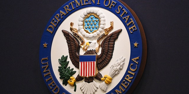 The State Department seal is displayed ahead of a briefing in Washington, D.C., on Jan. 31, 2022.