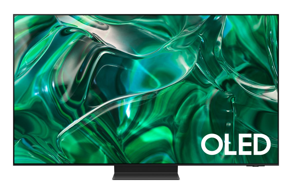 The Samsung S95C QD-OLED with a green pattern on the screen.