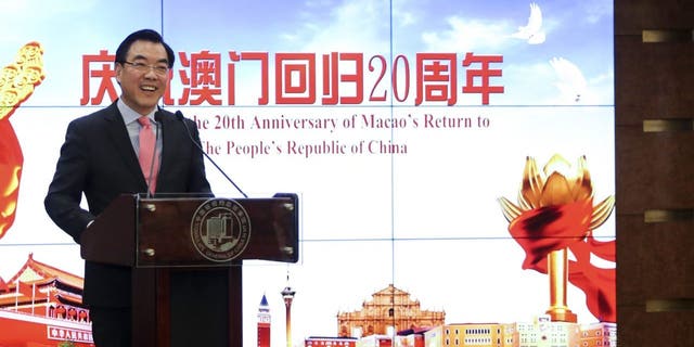 Chinese Consul General in New York Huang Ping addresses a reception celebrating the 20th anniversary of Macao's return to the motherland in New York, the United States, Dec. 12, 2019.