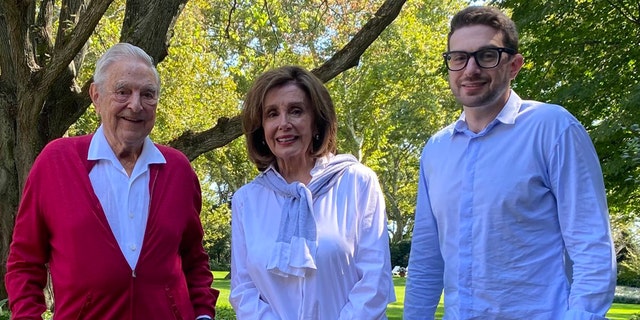 George Soros, left, Rep. Nancy Pelosi, center, and Alex Soros.