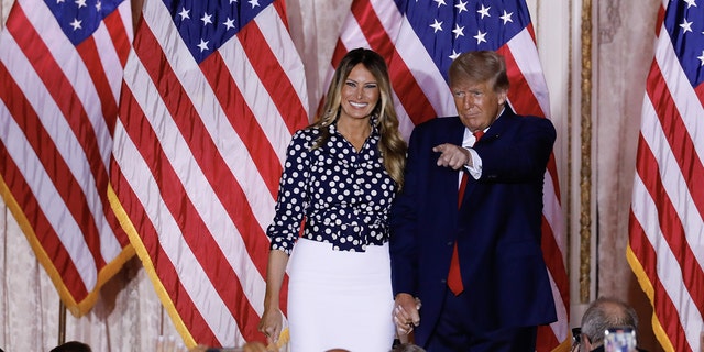 Former President Donald Trump arrives to speak with former first lady Melania Trump at his Mar-a-Lago Club in Palm Beach, Florida, on Nov. 15, 2022. Trump formally entered the 2024 presidential race, making official what he had been teasing for months.