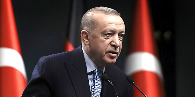 Turkey's President Recep Tayyip Erdogan speaks during a news conference, in Ankara, Turkey, on May 14, 2022.