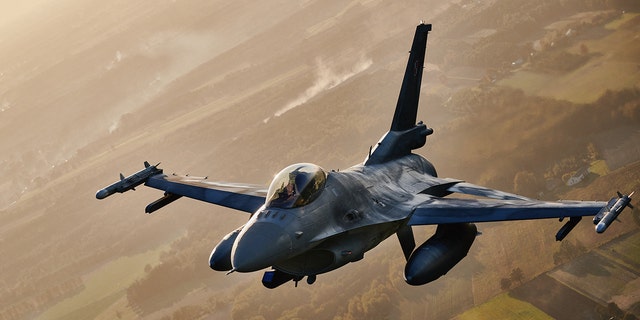 A F16 fighter jet takes part in the NATO Air Shielding exercise near the air base in Lask, central Poland on October 12, 2022. 