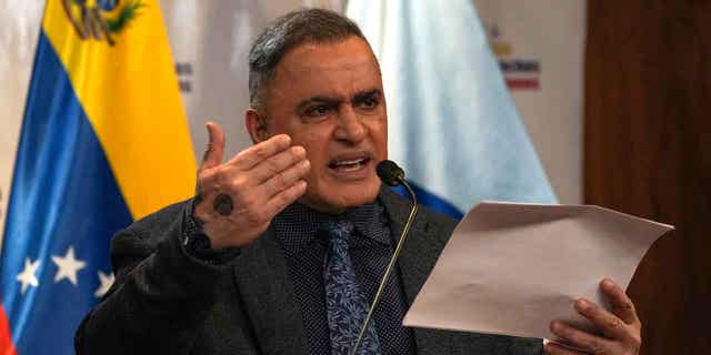 Venezuelan Attorney General Tarek William Saab announces the arrest order for three exiled former lawmakers in Caracas, Venezuela, on Jan. 9, 2023. The arrests come as part of an attempt to unseat President Nicolas Maduro.