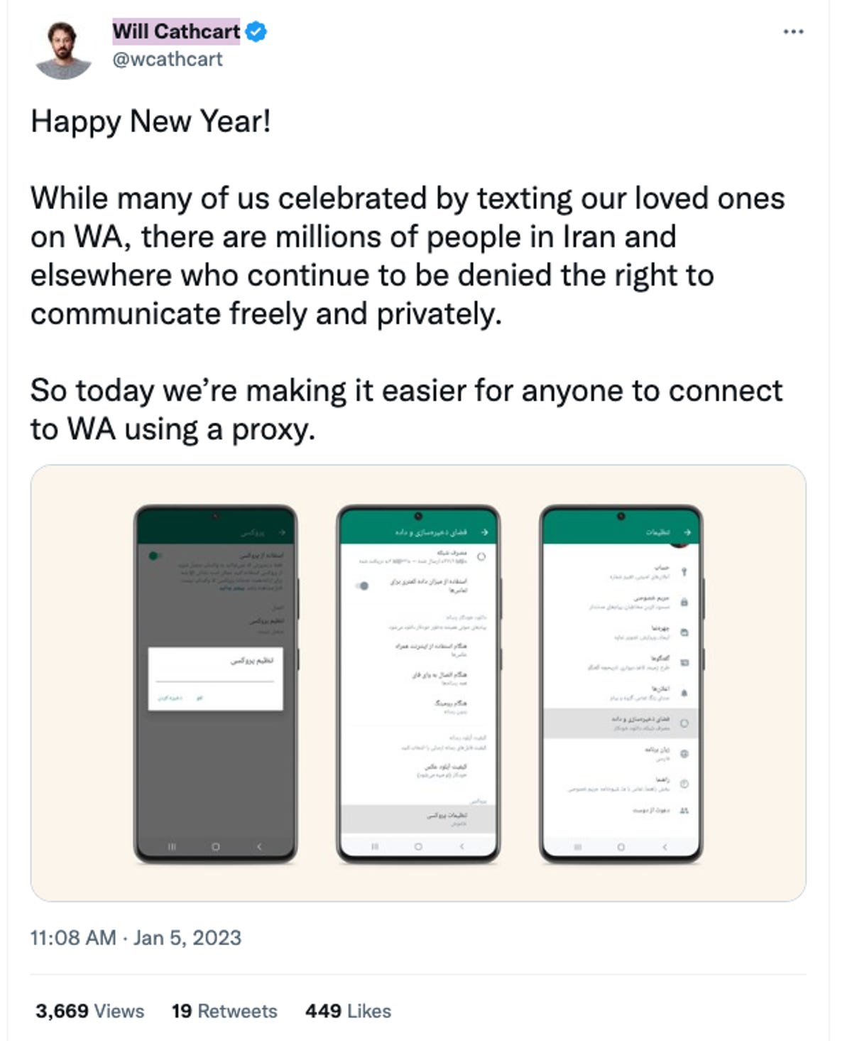 Screenshot of tweet from WhatsApp's Will Cathcart