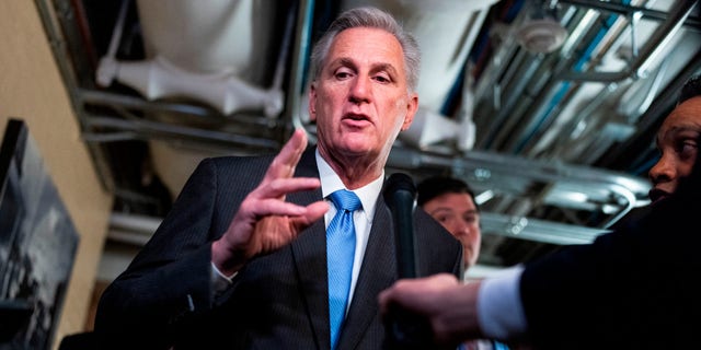 Speaker of the House Kevin McCarthy, R-Calif., addresses the media about classified documents found at an office once used by President Joe Biden, outside a House Republican Steering Committee meeting in the U.S. Capitol on Wednesday, January 11, 2023. (Tom Williams/CQ-Roll Call, Inc via Getty Images) 