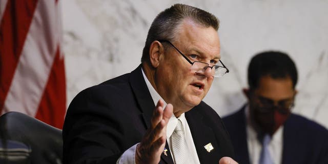 Sen. Jon Tester, a Democrat from Montana, speaks during a Senate Banking, Housing, and Urban Affairs Committee hearing in Washington, D.C., June 22, 2022.