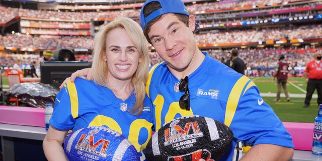 Rebel Wilson and Adam DeVine attend Super Bowl LVI Pregame at SoFi Stadium on February 13, 2022, in Inglewood, California.