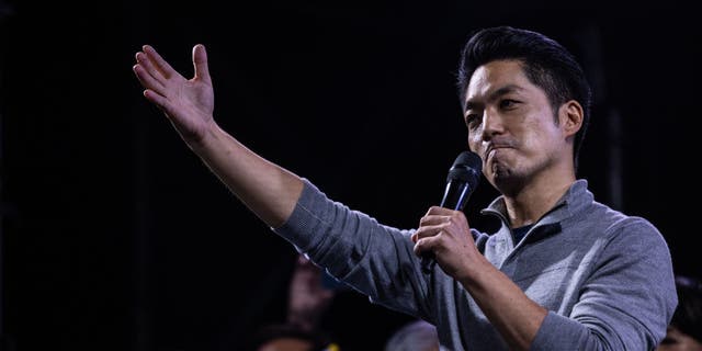 Chiang Wan-an, Taipei mayoral candidate of the opposition Kuomintang (KMT), celebrates his victory in local elections on Nov. 26, 2022 in Taipei, Taiwan.