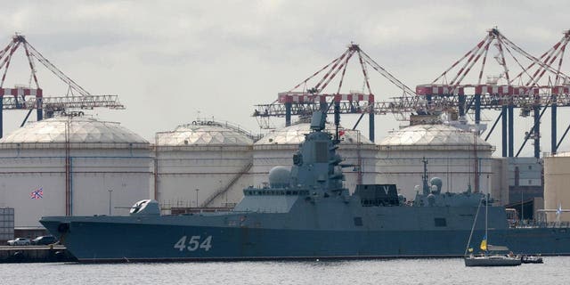 People on a yacht protest against the Russian frigate Admiral Gorshkov being docked at the Cape Town, South Africa, Tuesday, Feb. ​14​, 2023.