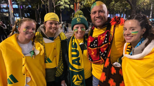 (From left to right) Lucy, Davara, Skye, Harold and Ayva Marshall were sad to see the Matildas lose, but are still proud of their team.