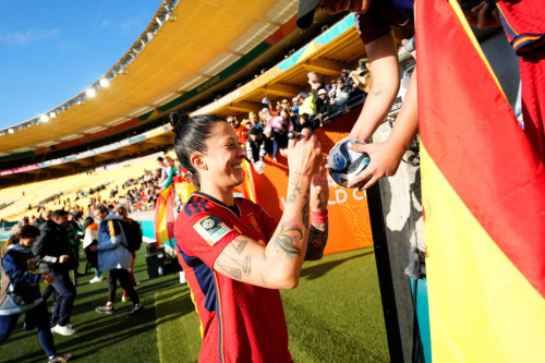 Spain's Jennifer Hermoso celebrates victory after the match against the Netherlands in Wellington, New Zealand, on August 11.