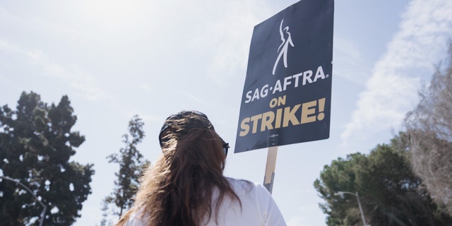 A SAG-AFTRA strike supporter holds a picket sign