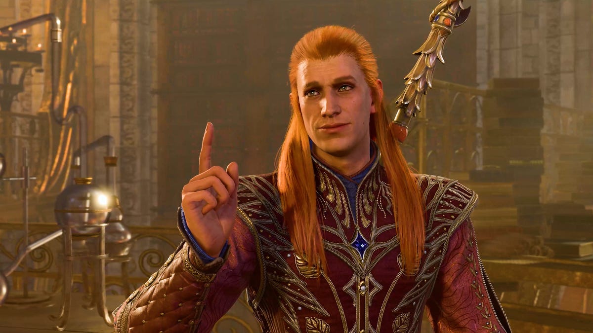 an elf ranger in baldurs gate holds up a finger