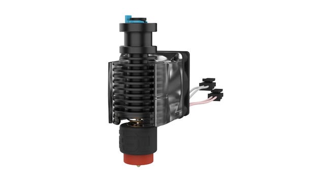 A black hotend assembly with a red silicone booted nozzle