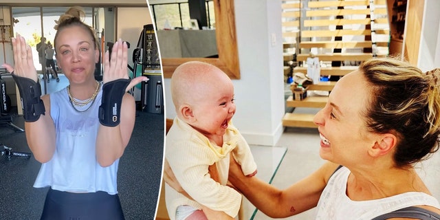 Kaley Cuoco in the gym shows off her black wrist wraps for her Carpal Tunnel split Kaley Cuoco holds baby daughter Matilda out in front of her and they both smile at each other
