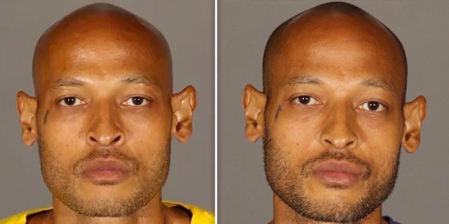 Calese Crowder mug shot split, wearing yellow shirt on left and dark blue on right